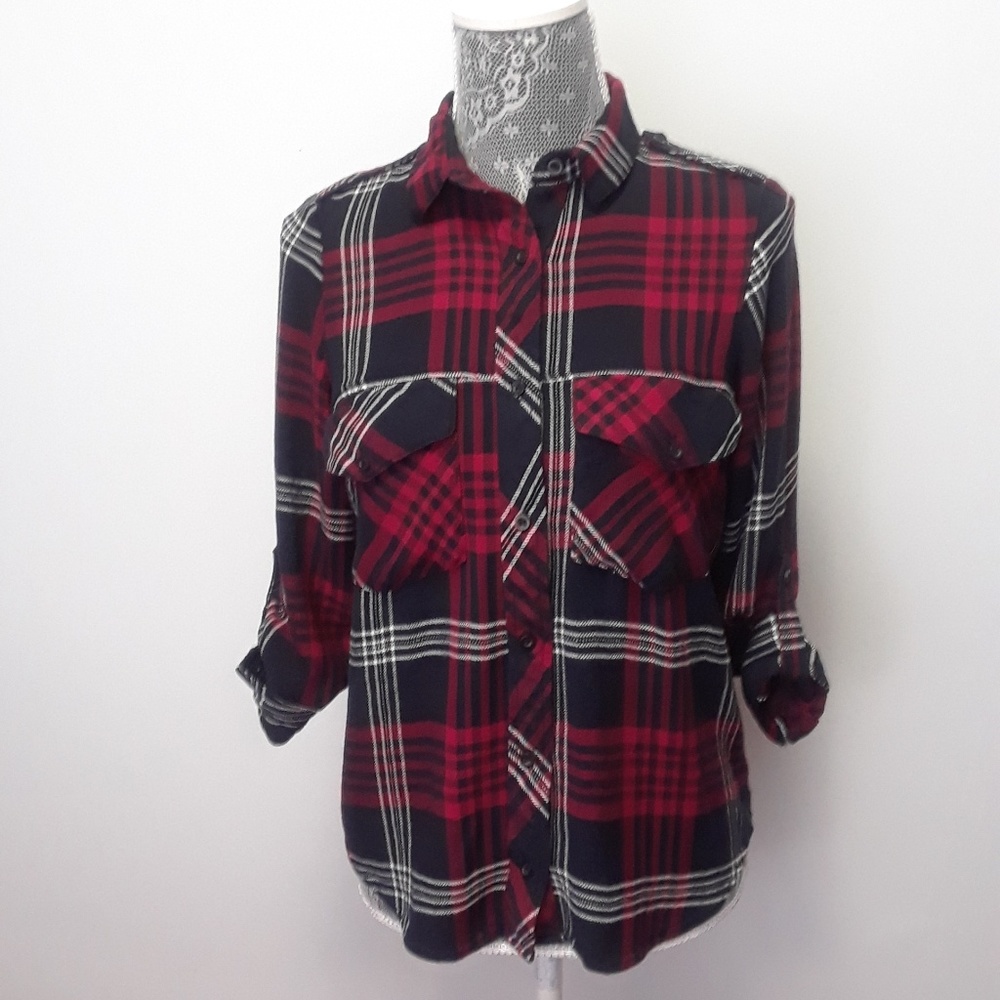 Zara Basic Red Plaid Button Down Long Slee - image 1